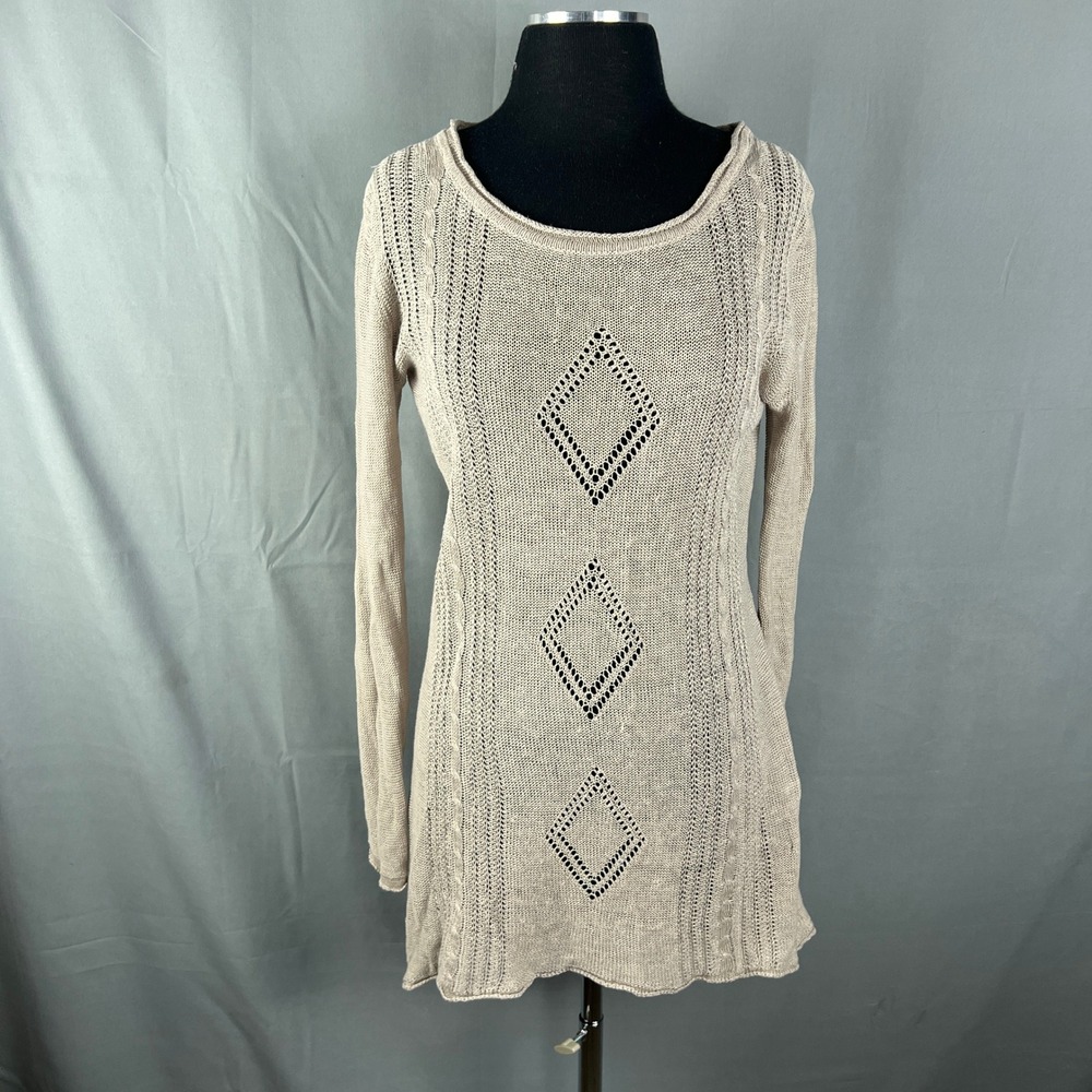 Monoreno Sweater Dress Women's Medium Beige Argyle Print Open Knit Scoop Neck